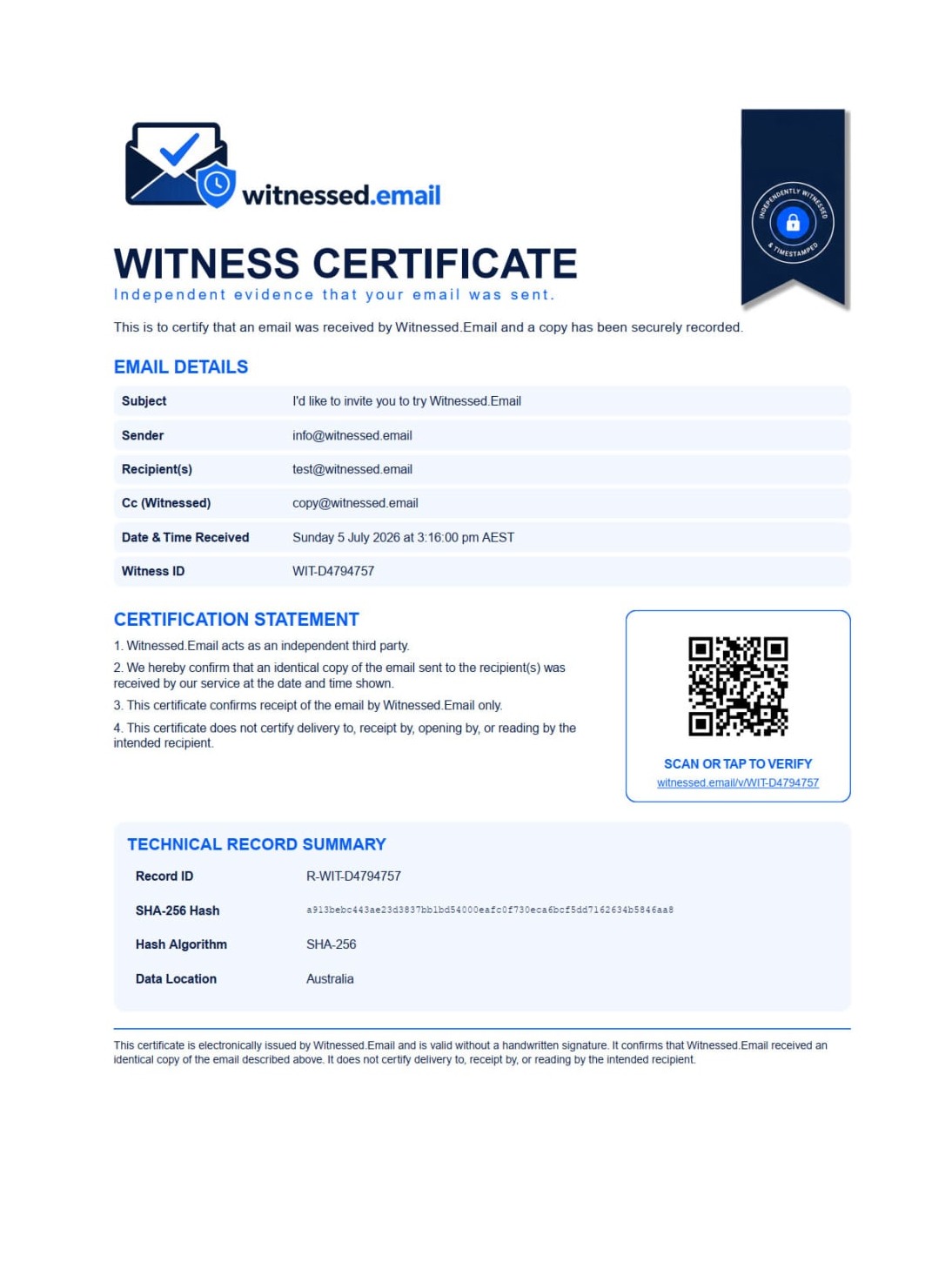 Witnessed.Email - Your Witness when it comes to sending emails